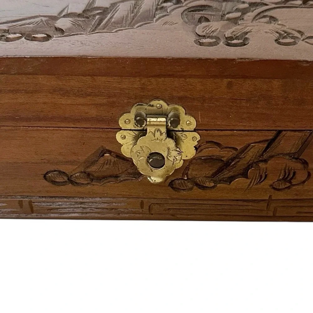 Wooden Carved Jewelry Box with Brass Latch Vintage